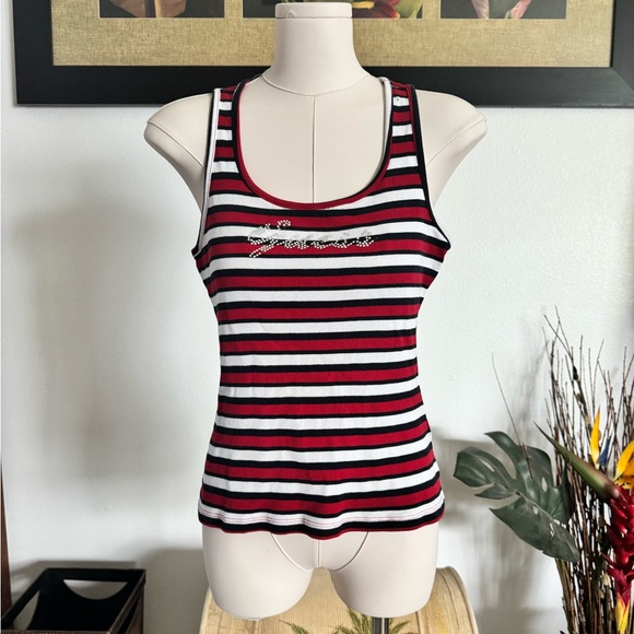 Guess Women's Red and Black Racer back Tank Vintage Y2K Striped Rhinestones XS - Picture 1 of 5